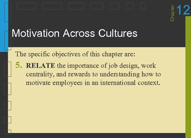 Chapter Motivation Across Cultures The specific objectives of this chapter are: 5. RELATE the