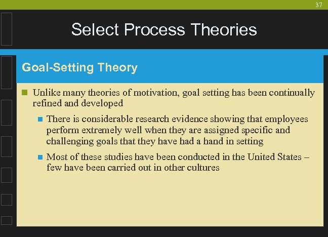 37 Select Process Theories Goal-Setting Theory n Unlike many theories of motivation, goal setting