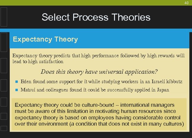 40 Select Process Theories Expectancy Theory Expectancy theory predicts that high performance followed by