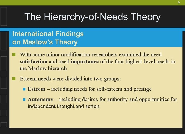 9 The Hierarchy-of-Needs Theory International Findings on Maslow’s Theory n With some minor modification