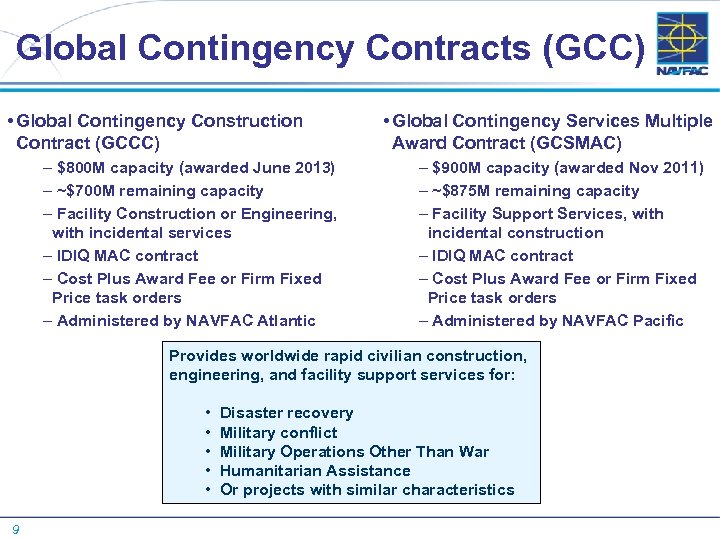 Global Contingency Contracts (GCC) • Global Contingency Construction Contract (GCCC) – $800 M capacity