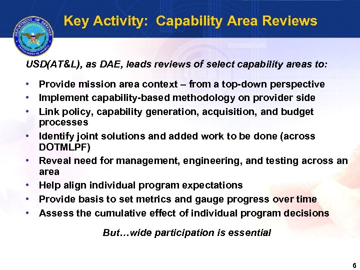 Key Activity: Capability Area Reviews USD(AT&L), as DAE, leads reviews of select capability areas