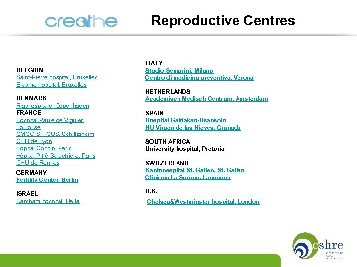 Reproductive Centres BELGIUM Saint-Pierre hospital, Bruxelles Erasme hospital, Bruxelles DENMARK Rigshospitale, Copenhagen FRANCE Hospital