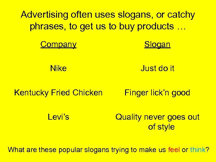 Advertising often uses slogans, or catchy phrases, to get us to buy products …