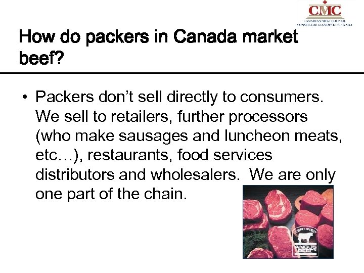 How do packers in Canada market beef? • Packers don’t sell directly to consumers.