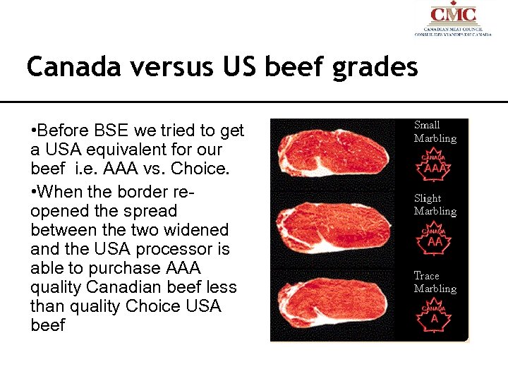 Canada versus US beef grades • Before BSE we tried to get a USA