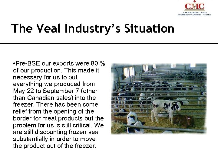 The Veal Industry’s Situation • Pre-BSE our exports were 80 % of our production.