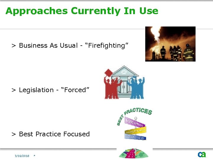 Approaches Currently In Use > Business As Usual - “Firefighting” > Legislation - “Forced”