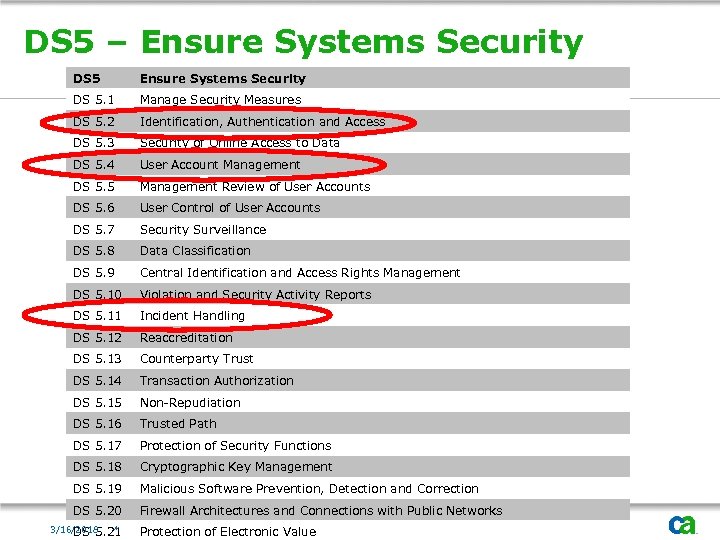 DS 5 – Ensure Systems Security DS 5. 1 Manage Security Measures DS 5.