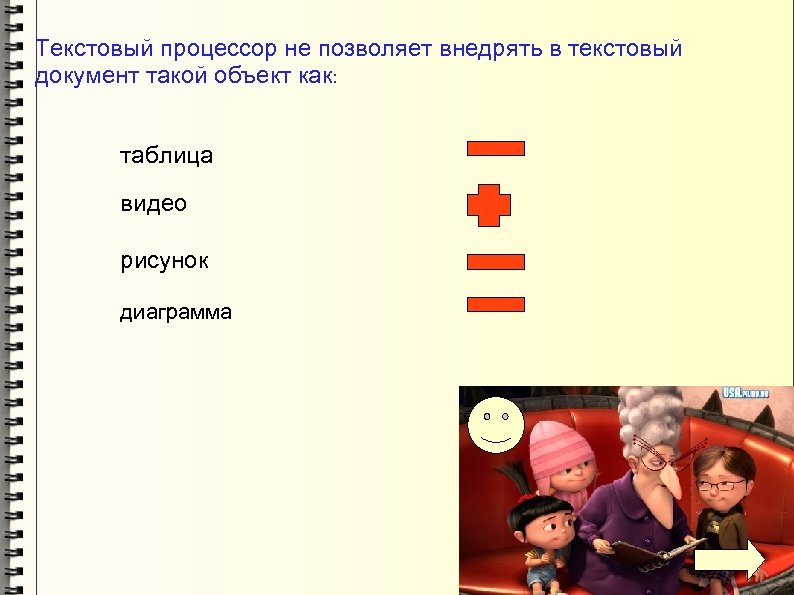 Текстовый процессор не позволяет внедрять в текстовый документ такой объект как: таблица видео рисунок