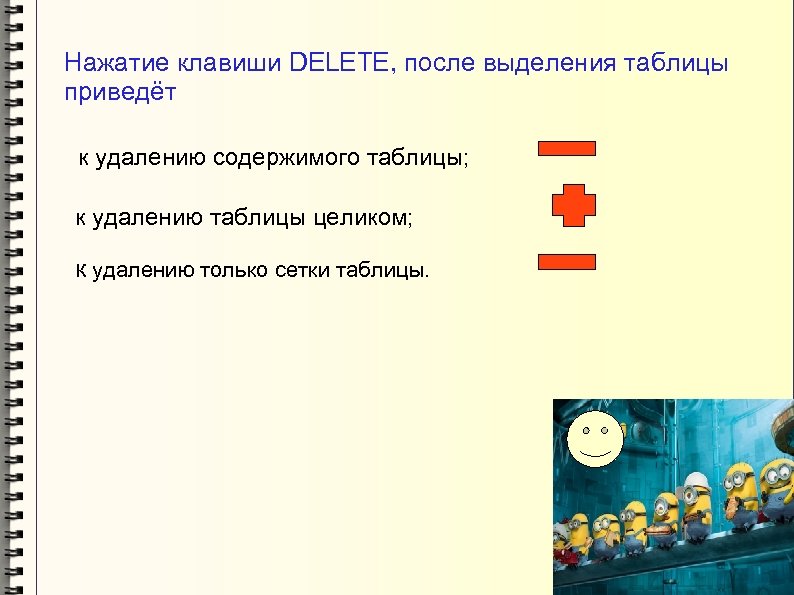 Нажатие клавиши DELETE, после выделения таблицы приведёт к удалению содержимого таблицы; к удалению таблицы