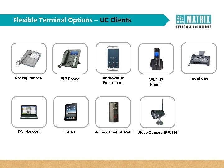 Flexible Terminal Options – UC Clients Analog Phones SIP Phone Android/i. OS Smartphone PC/