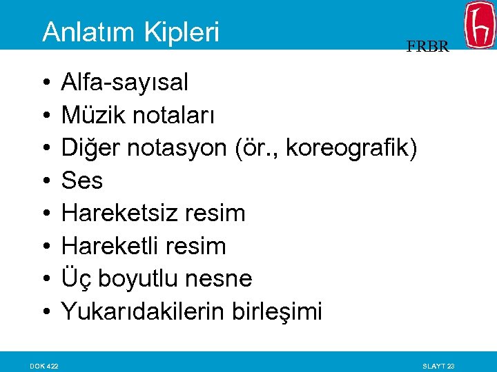 Anlatım Kipleri • • DOK 422 FRBR Alfa-sayısal Müzik notaları Diğer notasyon (ör. ,