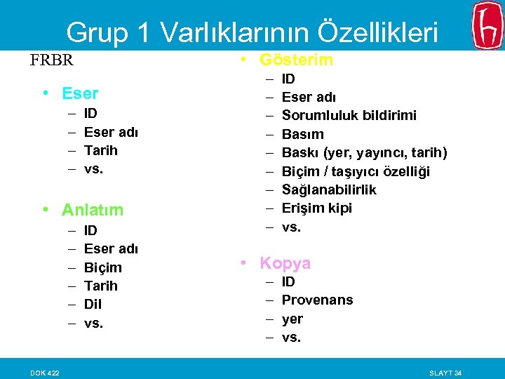 Grup 1 Varlıklarının Özellikleri • Gösterim FRBR • Eser – – ID Eser adı