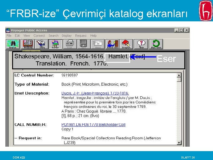 “FRBR-ize” Çevrimiçi katalog ekranları Shakespeare, William, 1564 -1616. Hamlet. [Text] Translation. French. 1770. DOK