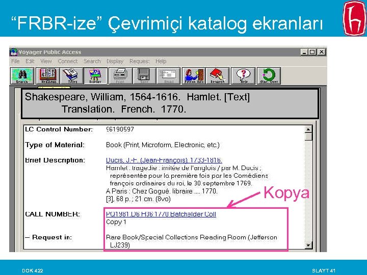 “FRBR-ize” Çevrimiçi katalog ekranları Shakespeare, William, 1564 -1616. Hamlet. [Text] Translation. French. 1770. Kopya