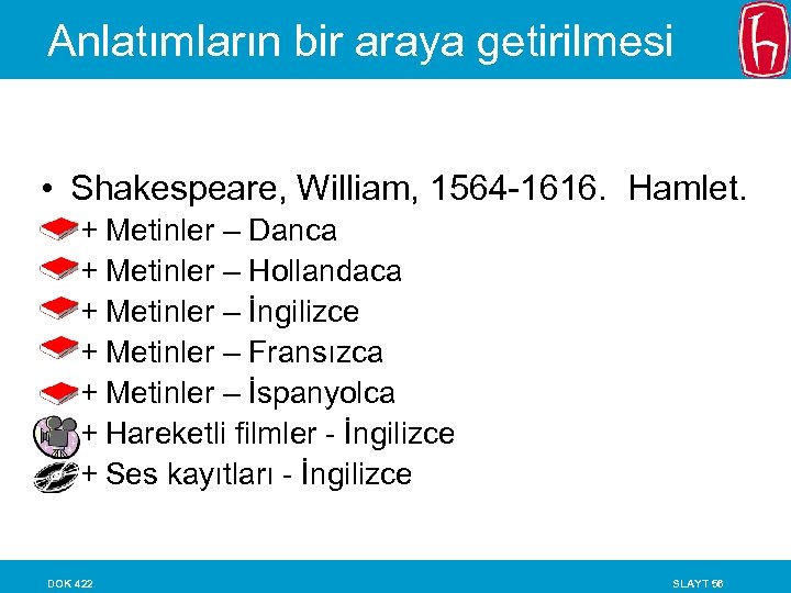 Anlatımların bir araya getirilmesi • Shakespeare, William, 1564 -1616. Hamlet. + Metinler – Danca