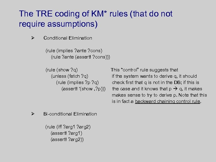 The TRE coding of KM* rules (that do not require assumptions) Ø Conditional Elimination