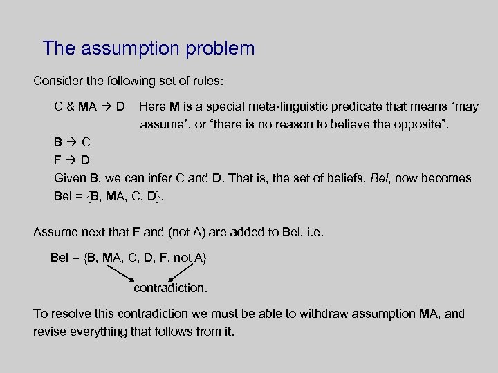 The assumption problem Consider the following set of rules: C & MA D Here
