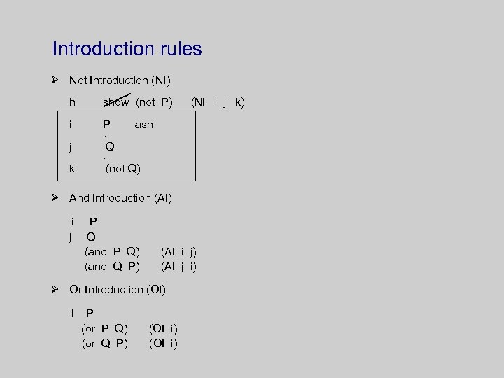 Introduction rules Ø Not Introduction (NI) h show (not P) i P (NI i