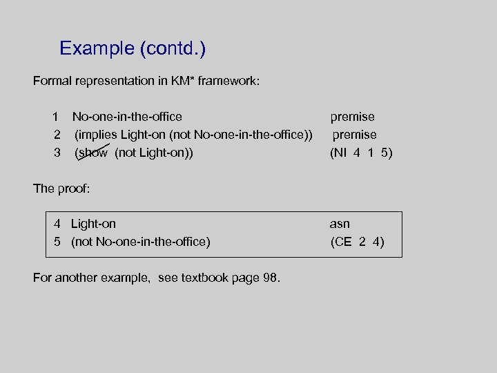 Example (contd. ) Formal representation in KM* framework: 1 No-one-in-the-office 2 (implies Light-on (not