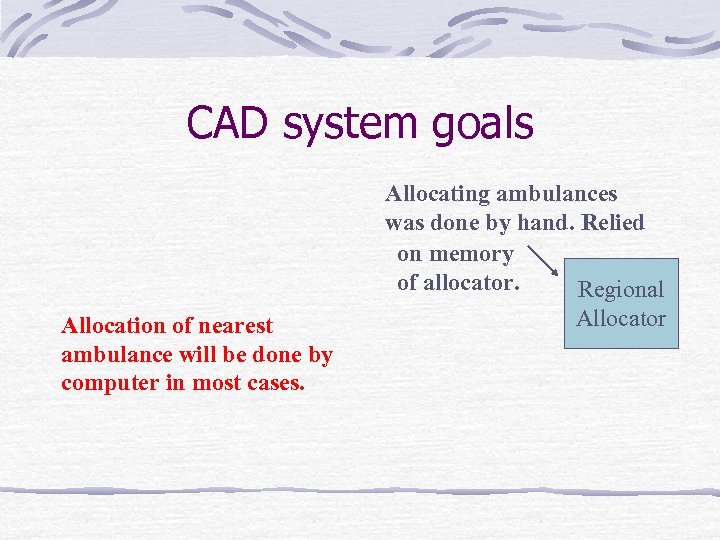 CAD system goals Allocating ambulances was done by hand. Relied on memory of allocator.