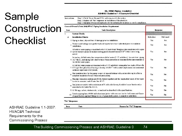 Sample Construction Checklist ASHRAE Guideline 1. 1 -2007: HVAC&R Technical Requirements for the Commissioning