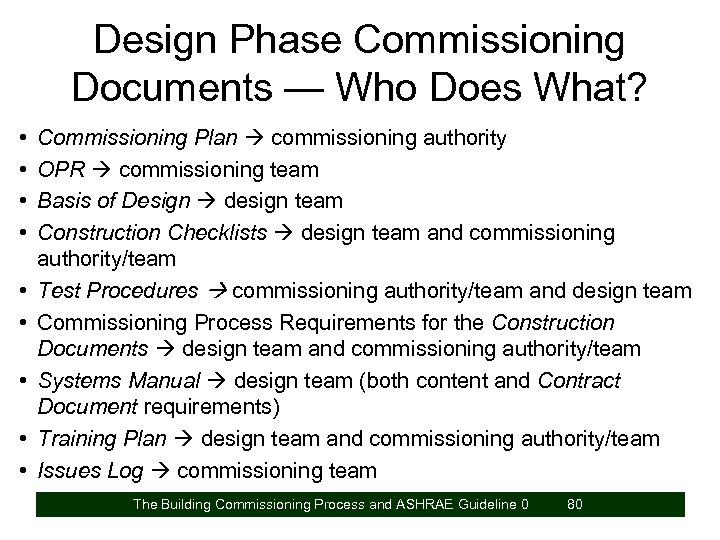 Design Phase Commissioning Documents — Who Does What? • • • Commissioning Plan commissioning