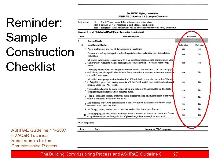 Reminder: Sample Construction Checklist ASHRAE Guideline 1. 1 -2007: HVAC&R Technical Requirements for the