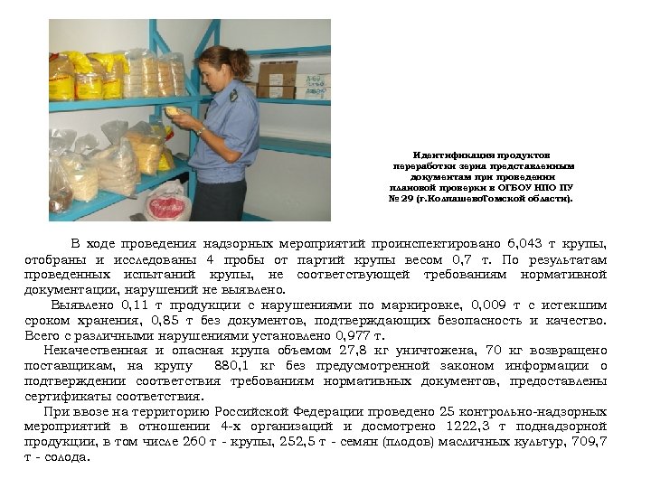 Идентификация продуктов переработки зерна представленным документам при проведении плановой проверки в ОГБОУ НПО ПУ