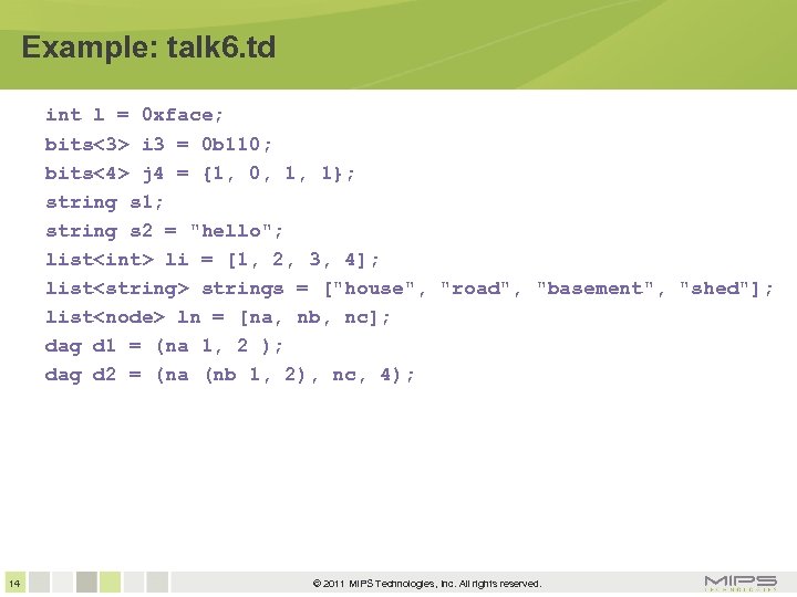 Example: talk 6. td int l = 0 xface; bits<3> i 3 = 0