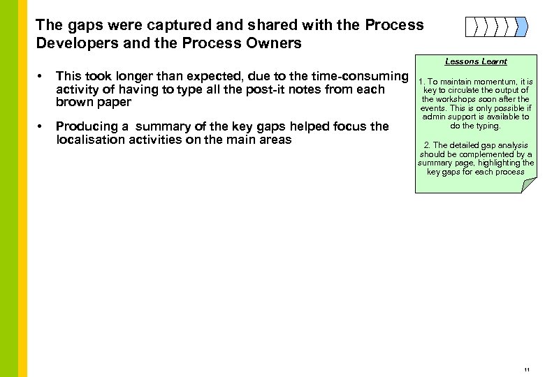 The gaps were captured and shared with the Process Developers and the Process Owners