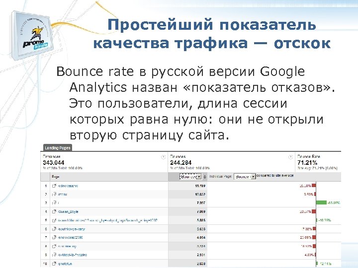 Простейший показатель качества трафика — отскок Bounce rate в русской версии Google Analytics назван