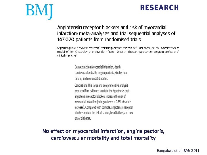 No effect on myocardial infarction, angina pectoris, cardiovascular mortality and total mortality Bangalore et