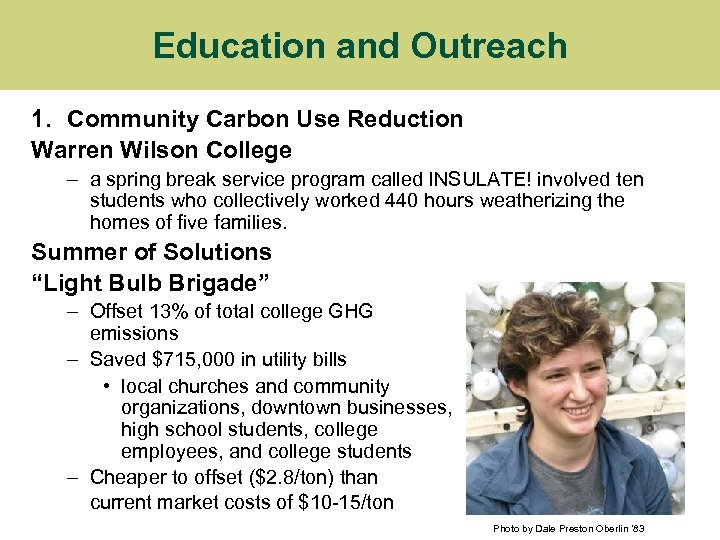 Education and Outreach 1. Community Carbon Use Reduction Warren Wilson College – a spring