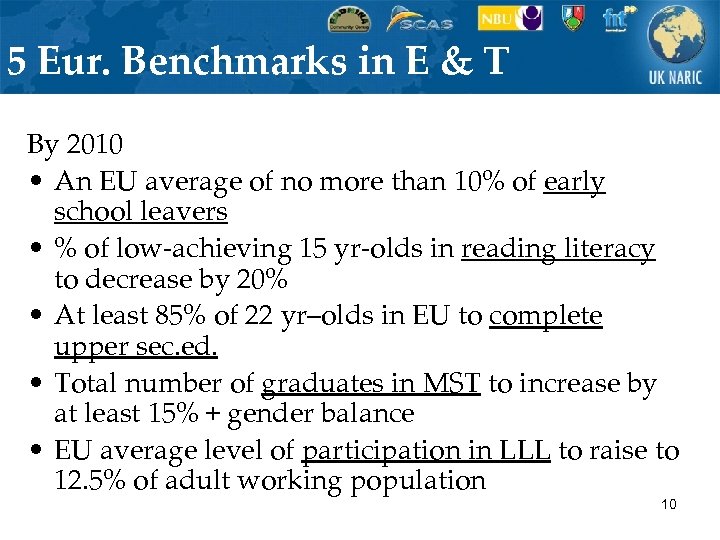 5 Eur. Benchmarks in E & T By 2010 • An EU average of