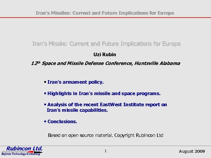 Iran’s Missiles: Current and Future Implications for Europe Iran’s Missile: Current and Future Implications