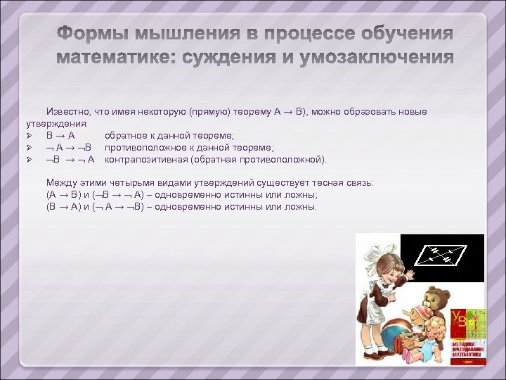 Известно, что имея некоторую (прямую) теорему А → В), можно образовать новые утверждения: Ø