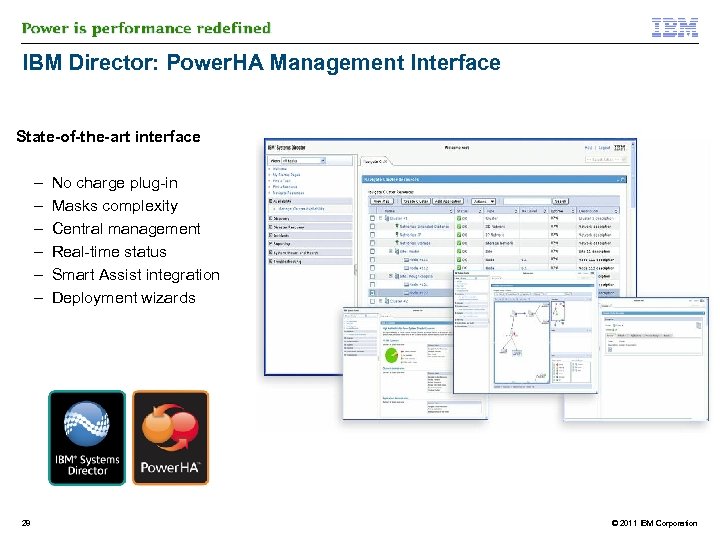 IBM Director: Power. HA Management Interface State-of-the-art interface – – – 28 No charge