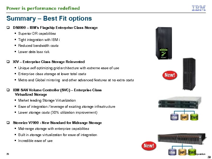 Summary – Best Fit options q DS 8000 – IBM’s Flagship Enterprise Class Storage