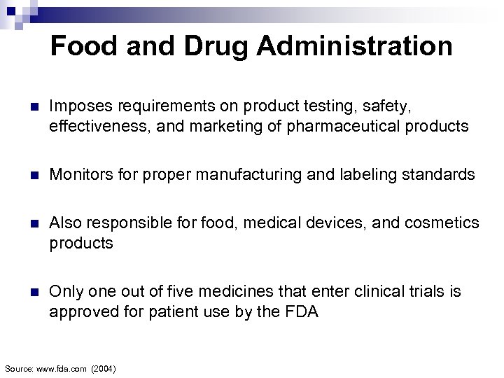 Food and Drug Administration n Imposes requirements on product testing, safety, effectiveness, and marketing