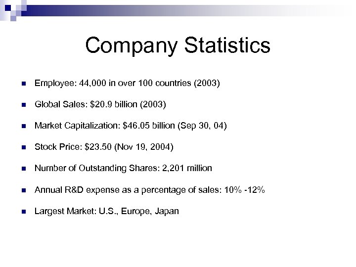 Company Statistics n Employee: 44, 000 in over 100 countries (2003) n Global Sales: