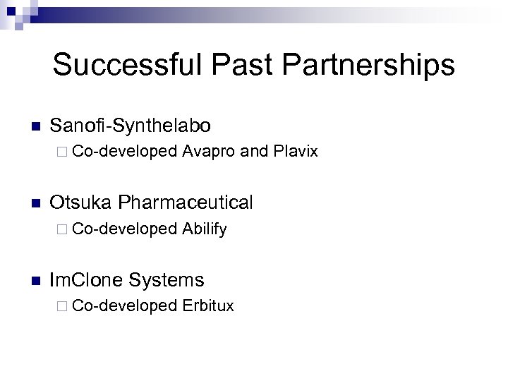 Successful Past Partnerships n Sanofi-Synthelabo ¨ Co-developed Avapro and Plavix n Otsuka Pharmaceutical ¨