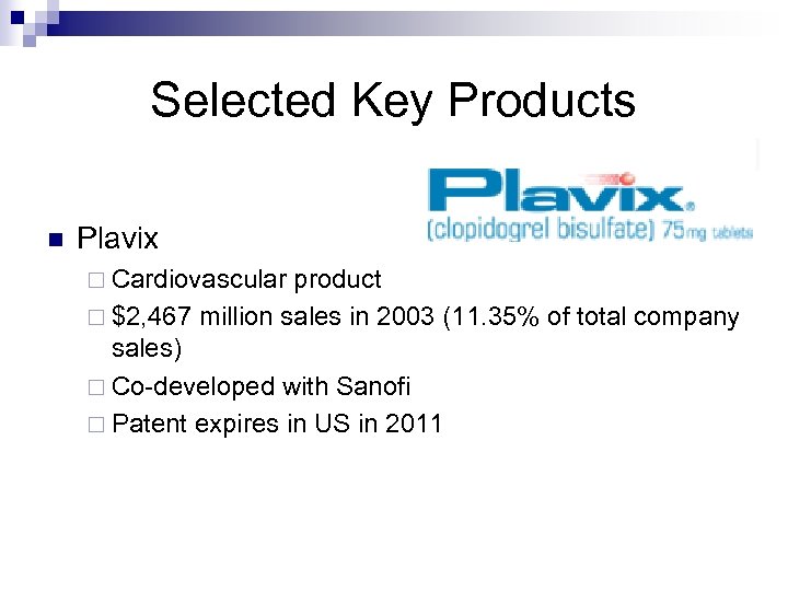 Selected Key Products n Plavix ¨ Cardiovascular product ¨ $2, 467 million sales in