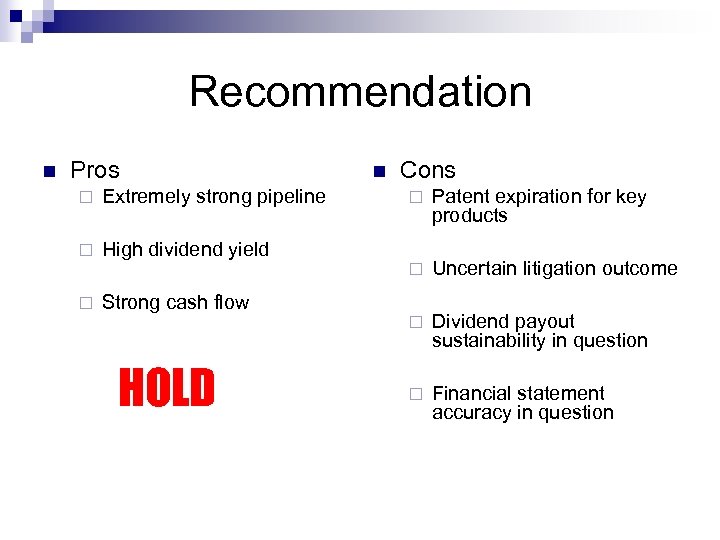 Recommendation n Pros ¨ Extremely strong pipeline ¨ n Cons High dividend yield Patent