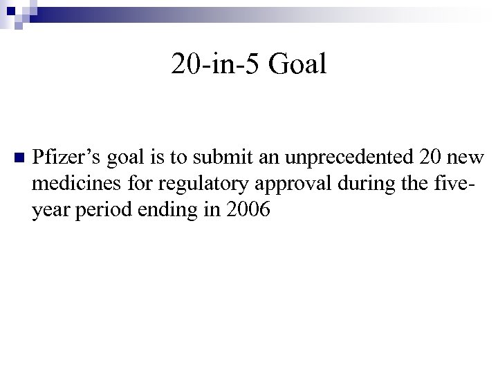 20 -in-5 Goal n Pfizer’s goal is to submit an unprecedented 20 new medicines