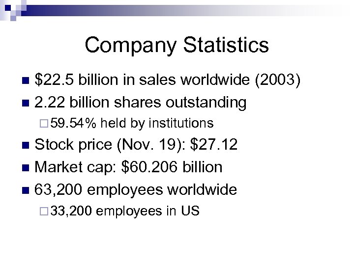 Company Statistics $22. 5 billion in sales worldwide (2003) n 2. 22 billion shares