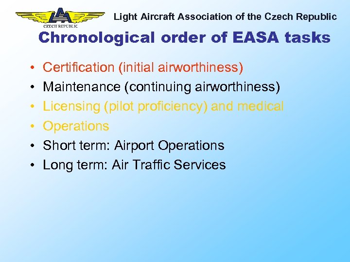 Light Aircraft Association of the Czech Republic Chronological order of EASA tasks • •