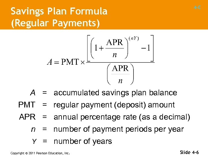 4 -C Savings Plan Formula (Regular Payments) A = accumulated savings plan balance PMT