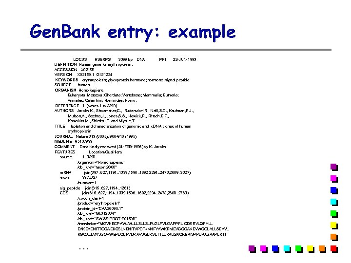 Gen. Bank entry: example LOCUS HSERPG 3398 bp DNA PRI 22 -JUN-1993 DEFINITION Human